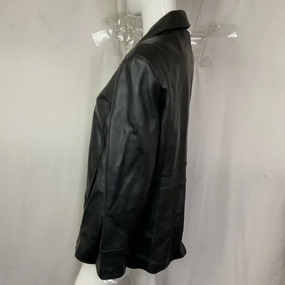 Calvin Klein Black Women's Snap Button Zip Genuine Leather Jacket Size L